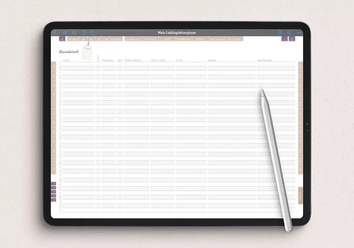 Lehrerplaner digital für eine gute Unterrichtsplanung, verfügbar in vier verschiedenen Varianten für die Nutzung mit einem Tablet