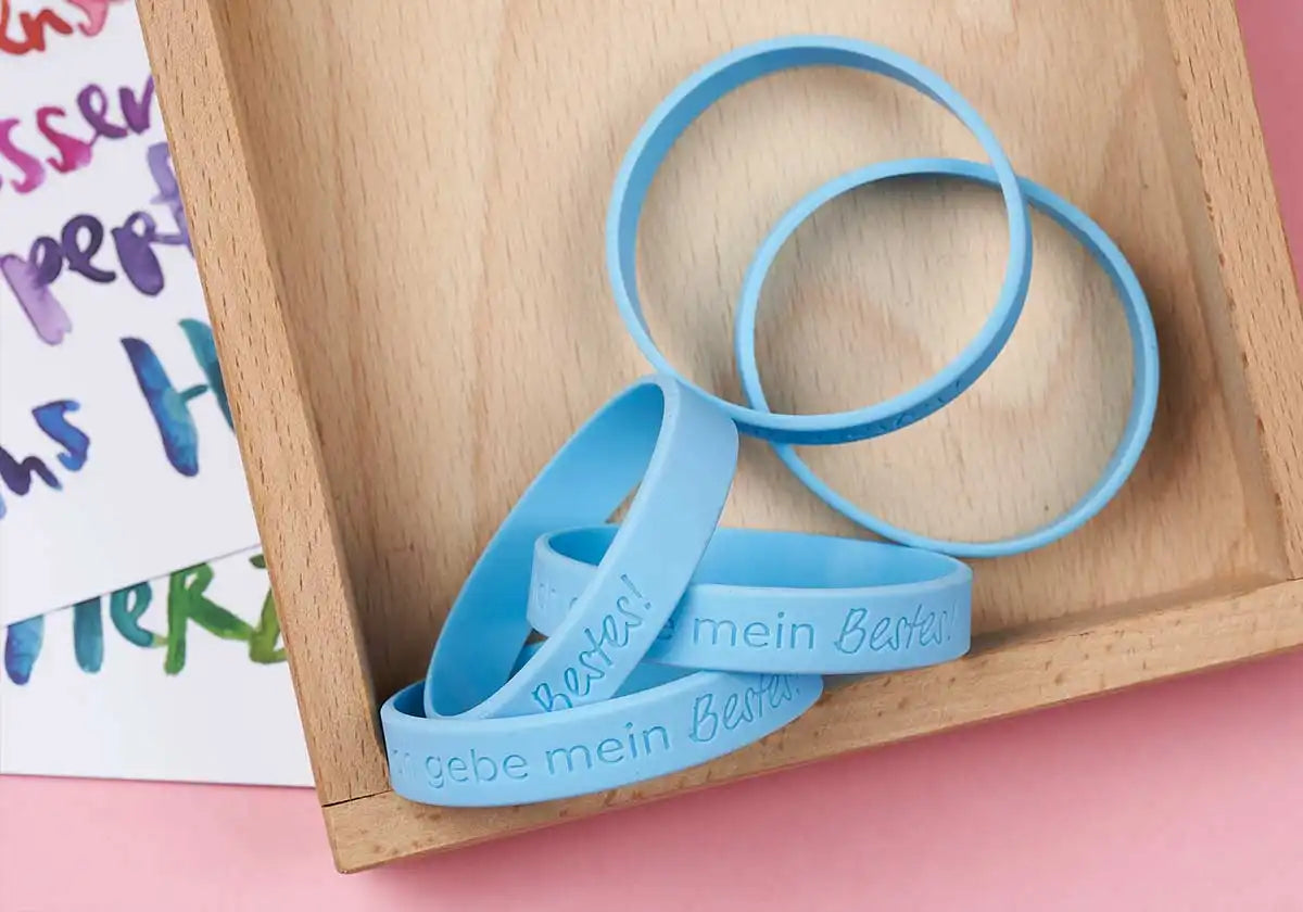 »Ich gebe mein Bestes!« – Motivationsarmbänder für Kinder & Jugendliche, himmelblau – 5er Set