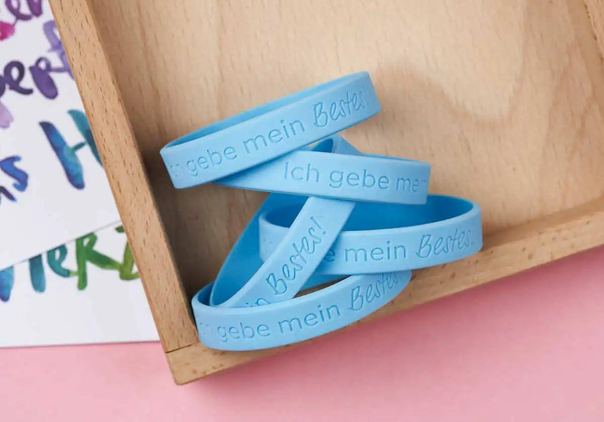 »Ich gebe mein Bestes!« – Motivationsarmbänder für Kinder & Jugendliche, himmelblau – 5er Set